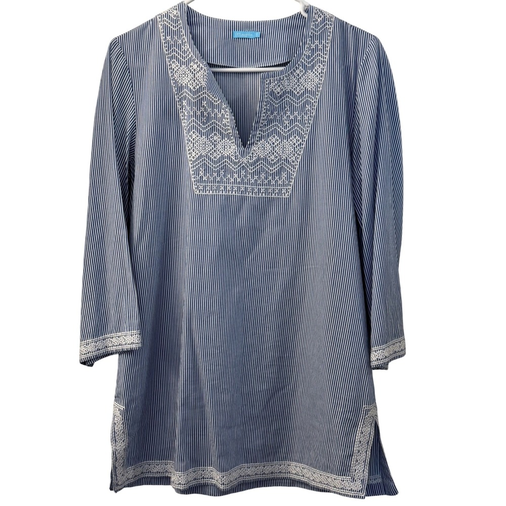 J. McLaughlin Blue White Striped Embroidered Tunic Top Womens Small Split Neck